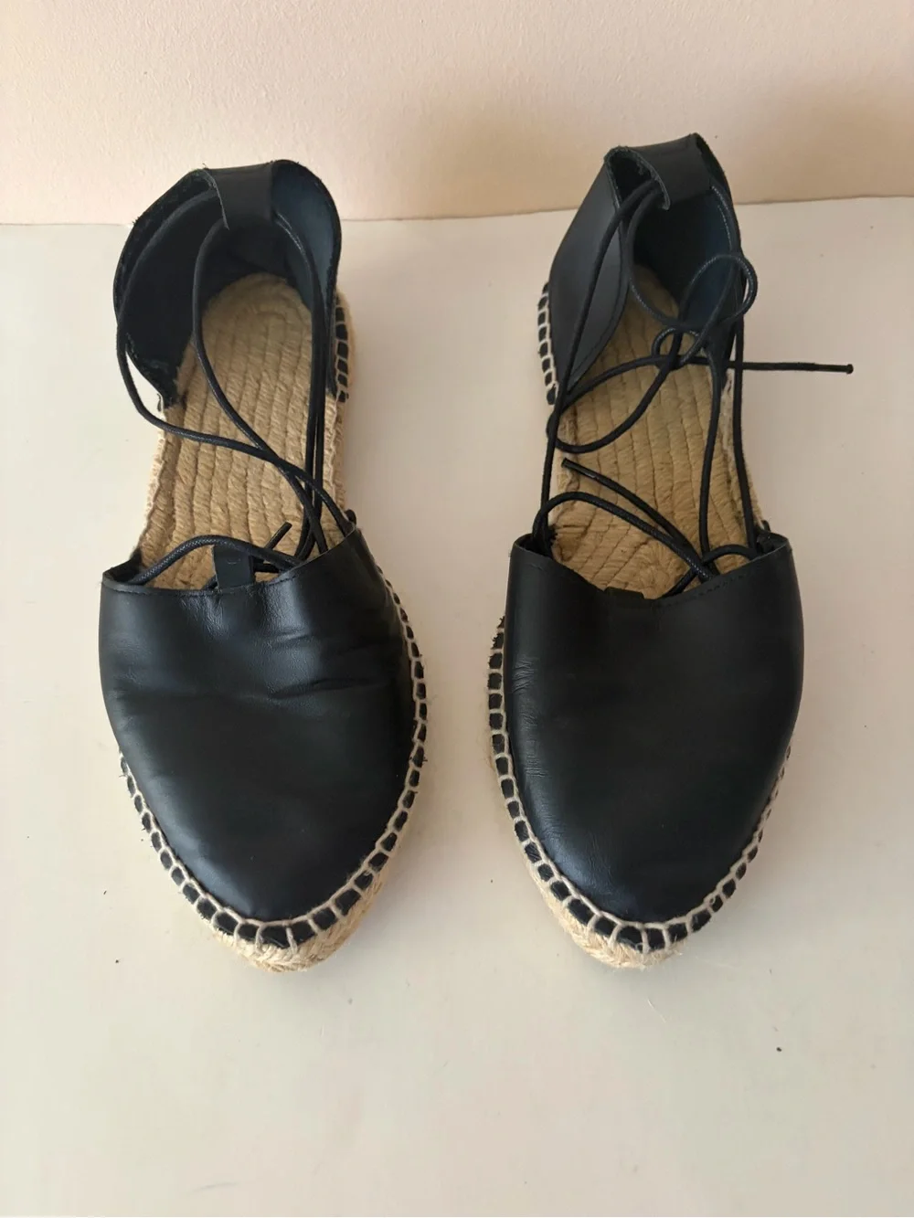 Black Leather Lace-Up Espadrille Flats. Size: 7.5, 38